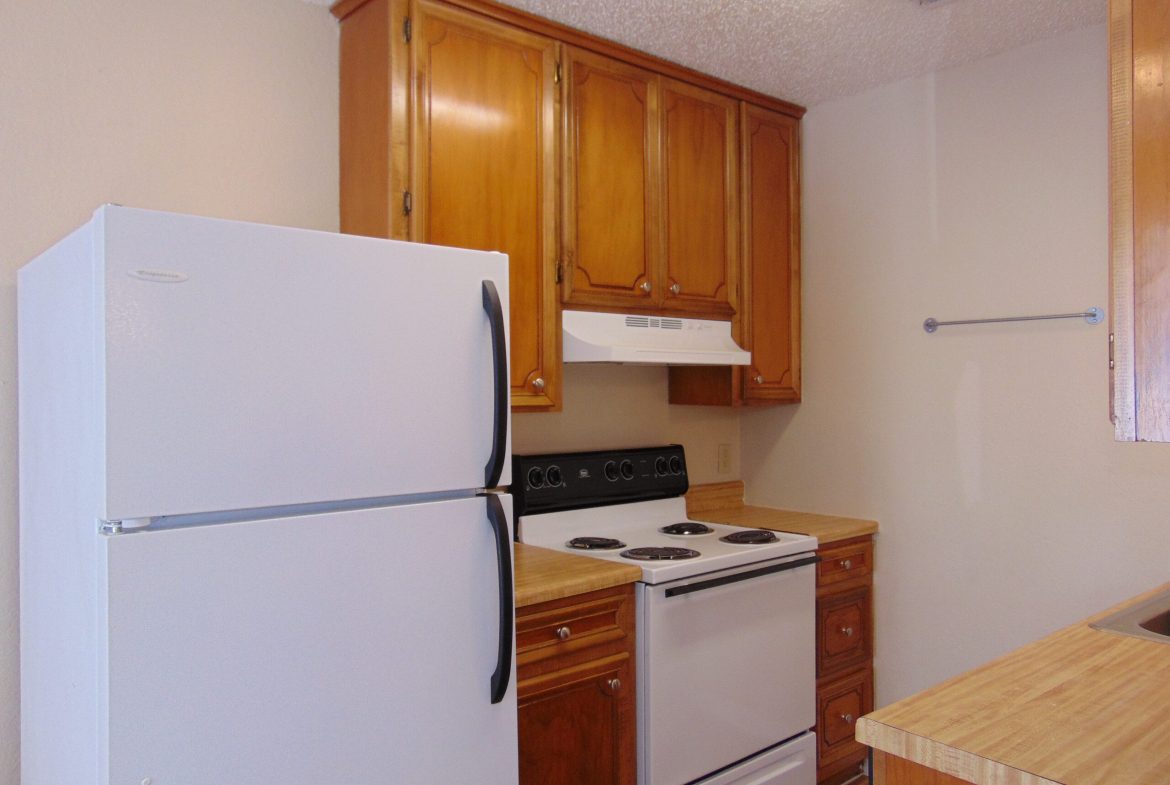 White refrigerator and wood kitchen appliances.