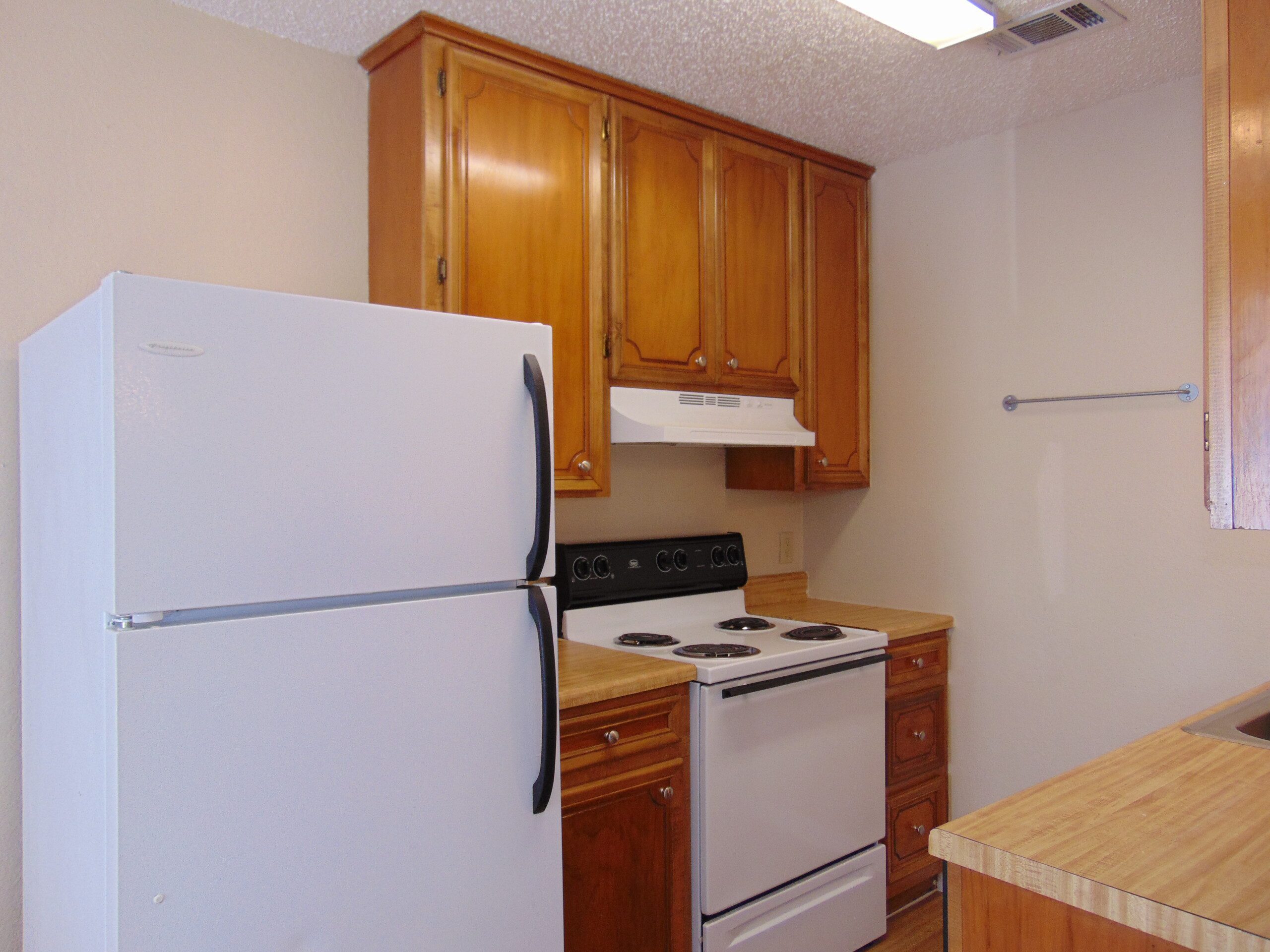 White refrigerator and wood kitchen appliances.