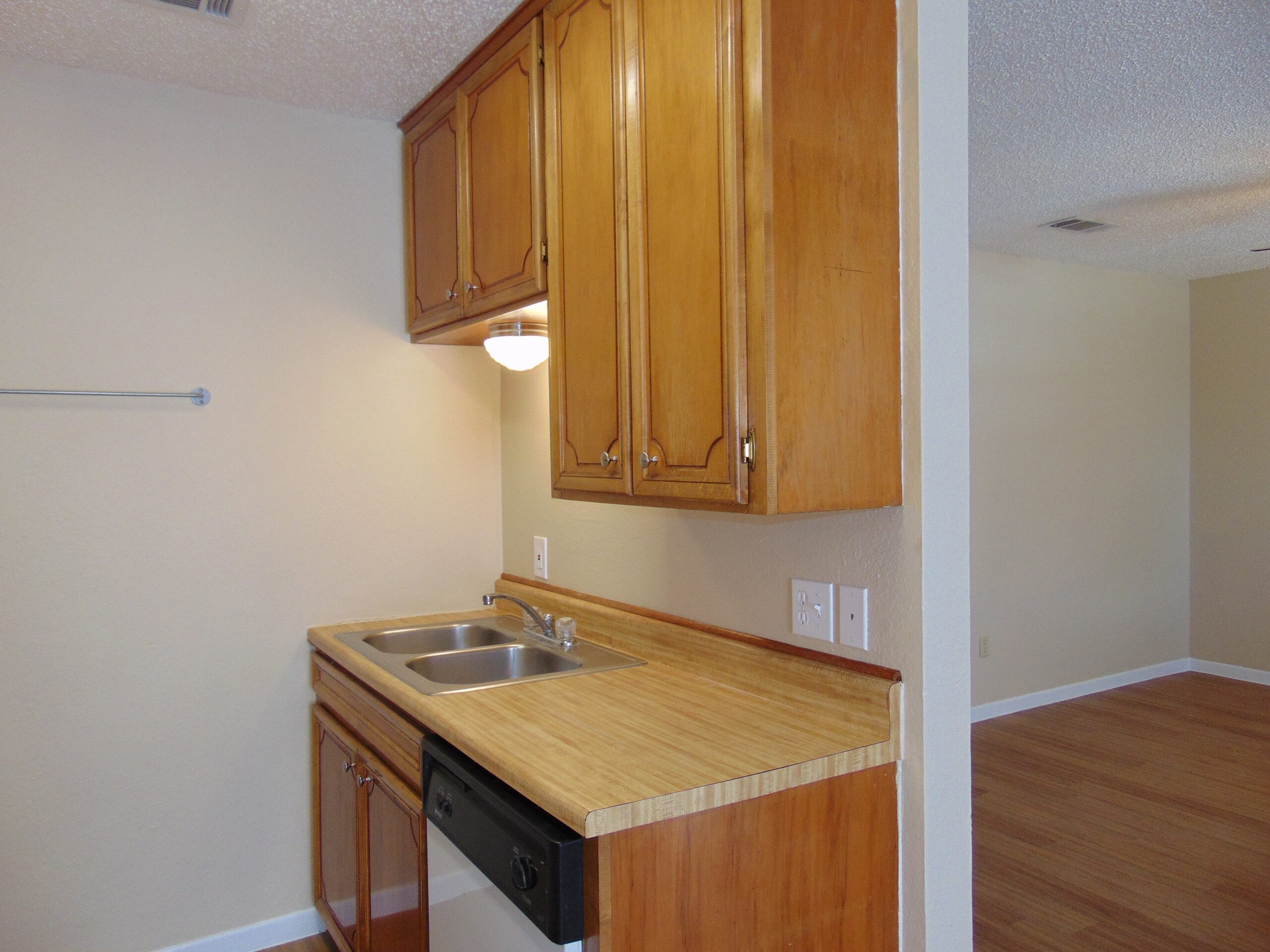 Apartment kitchen with wood cabinets and sink.