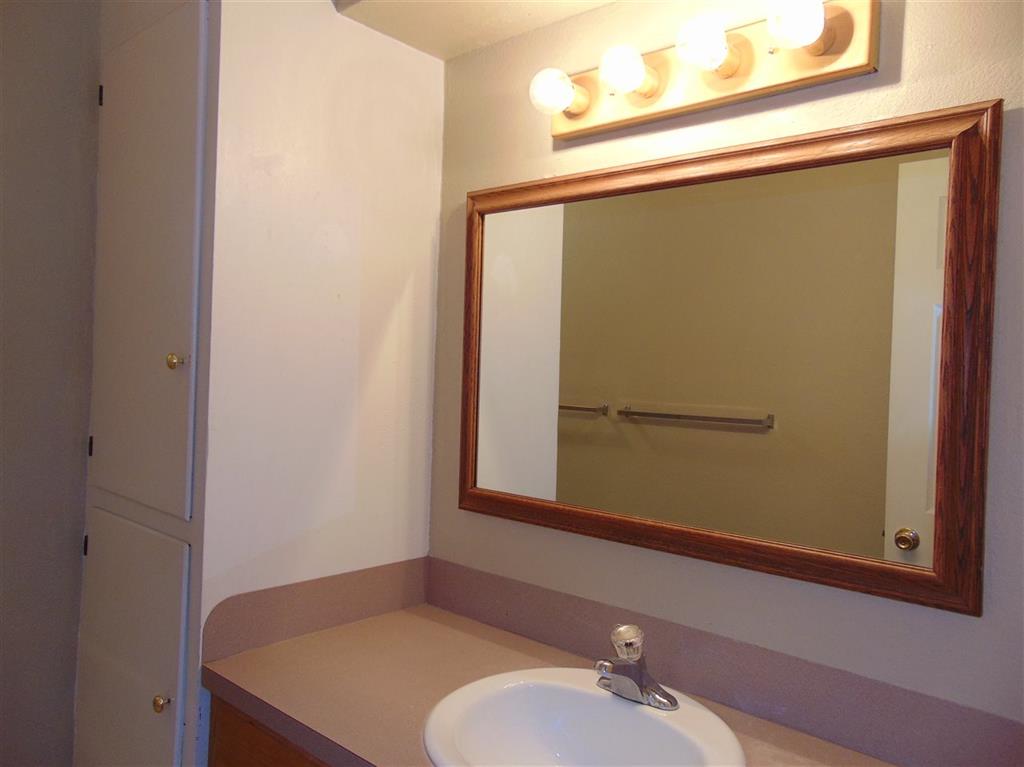 Bathroom vanity with mirror and sink.