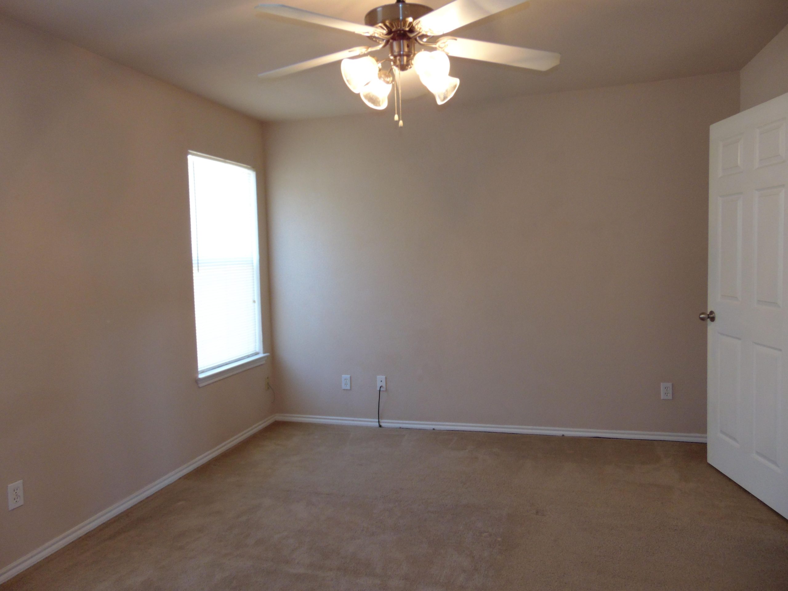 Empty bedroom with ceiling fan and carpet.