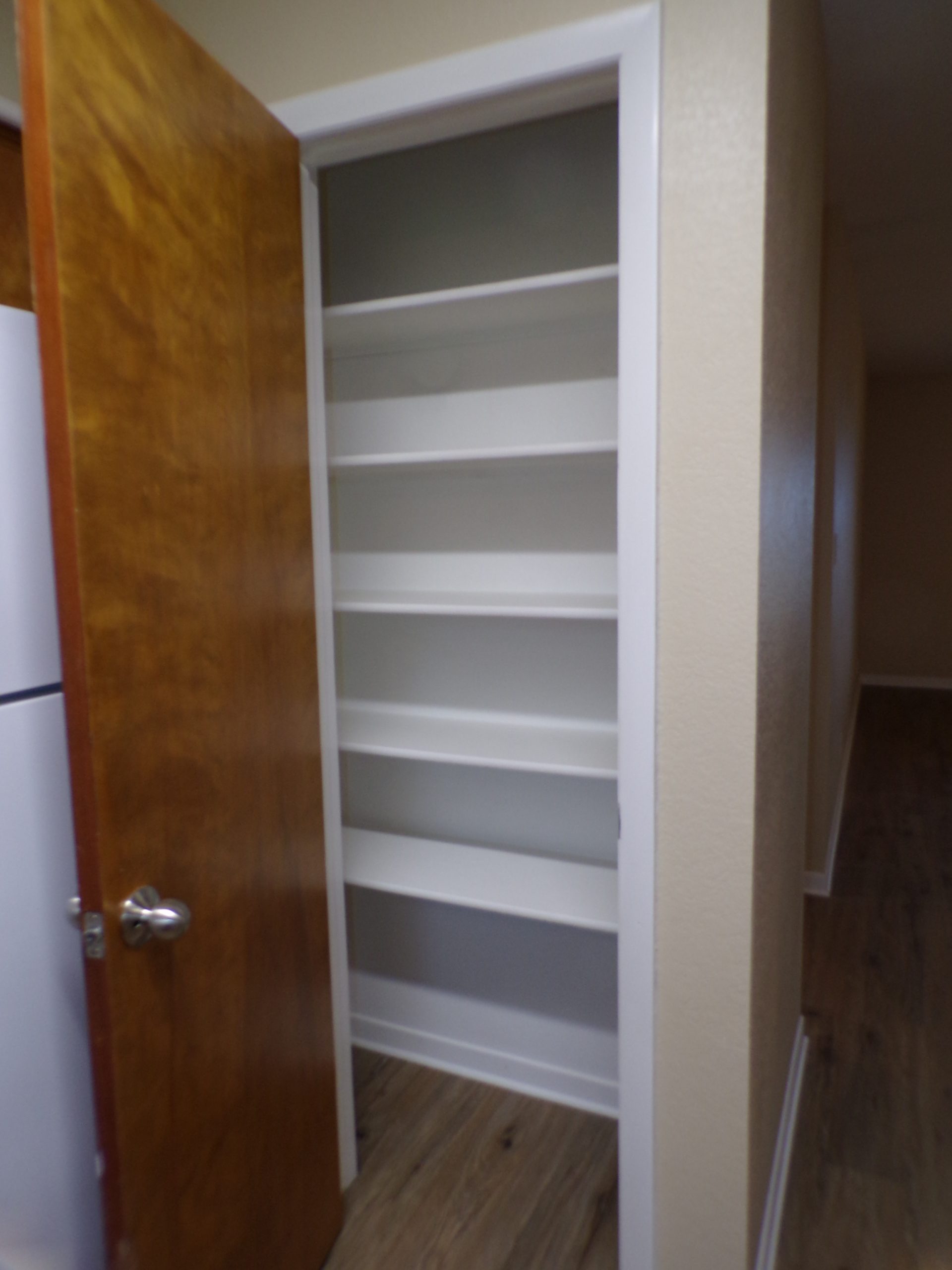 Empty pantry with white shelves.