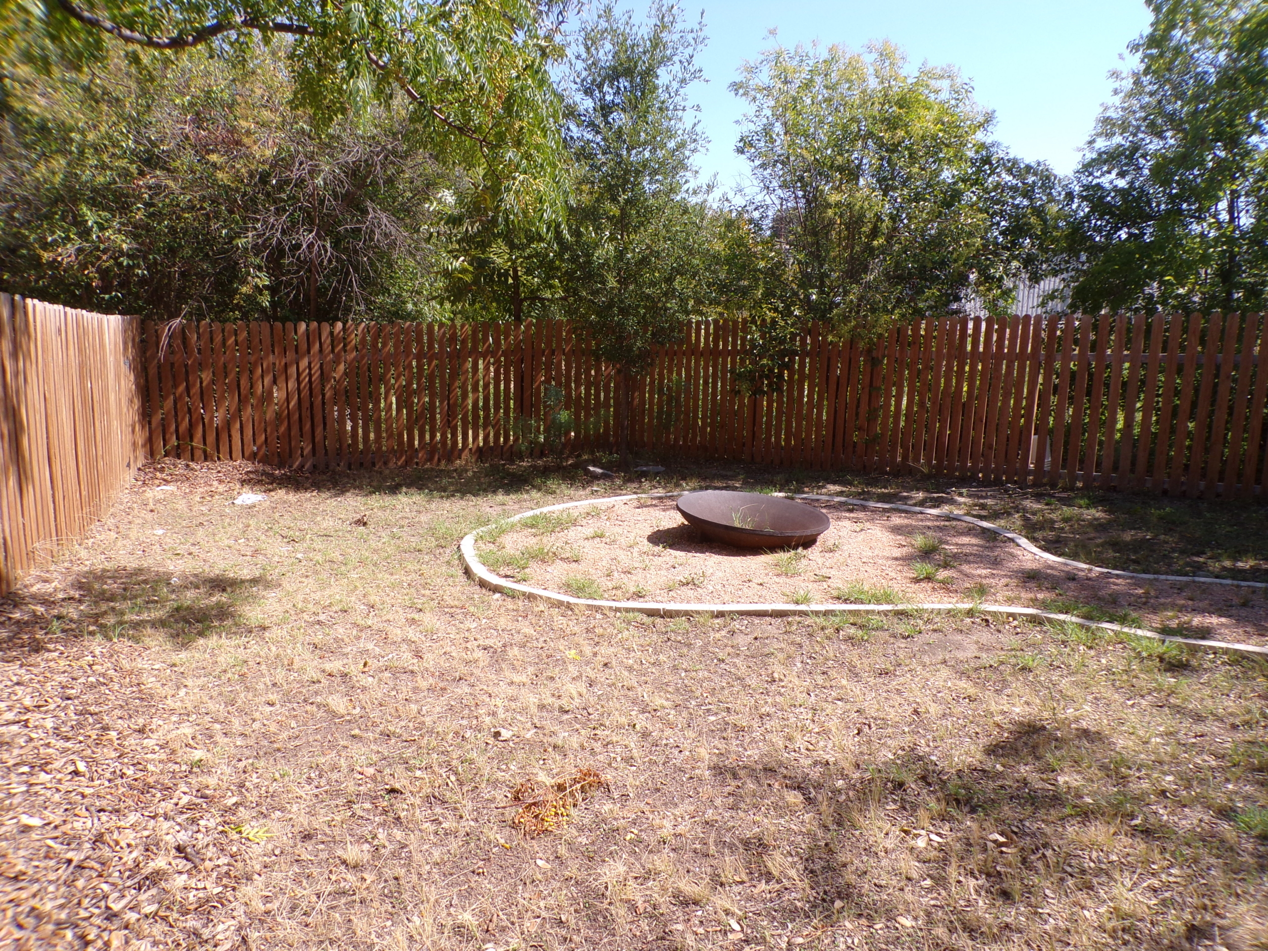 Here's an alt tag for the image: `Metal bowl in fenced yard`